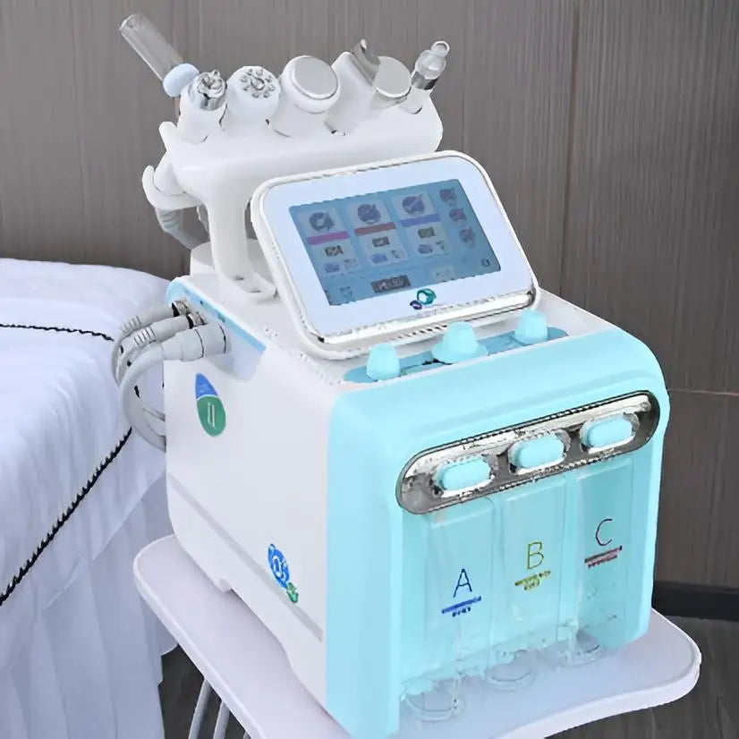 Touchscreen Hydro Facial Equipment with A/B/C Solution Tanks, Multi-Handpiece Beauty Machine References and 110v, 220v or DL Selection Labels