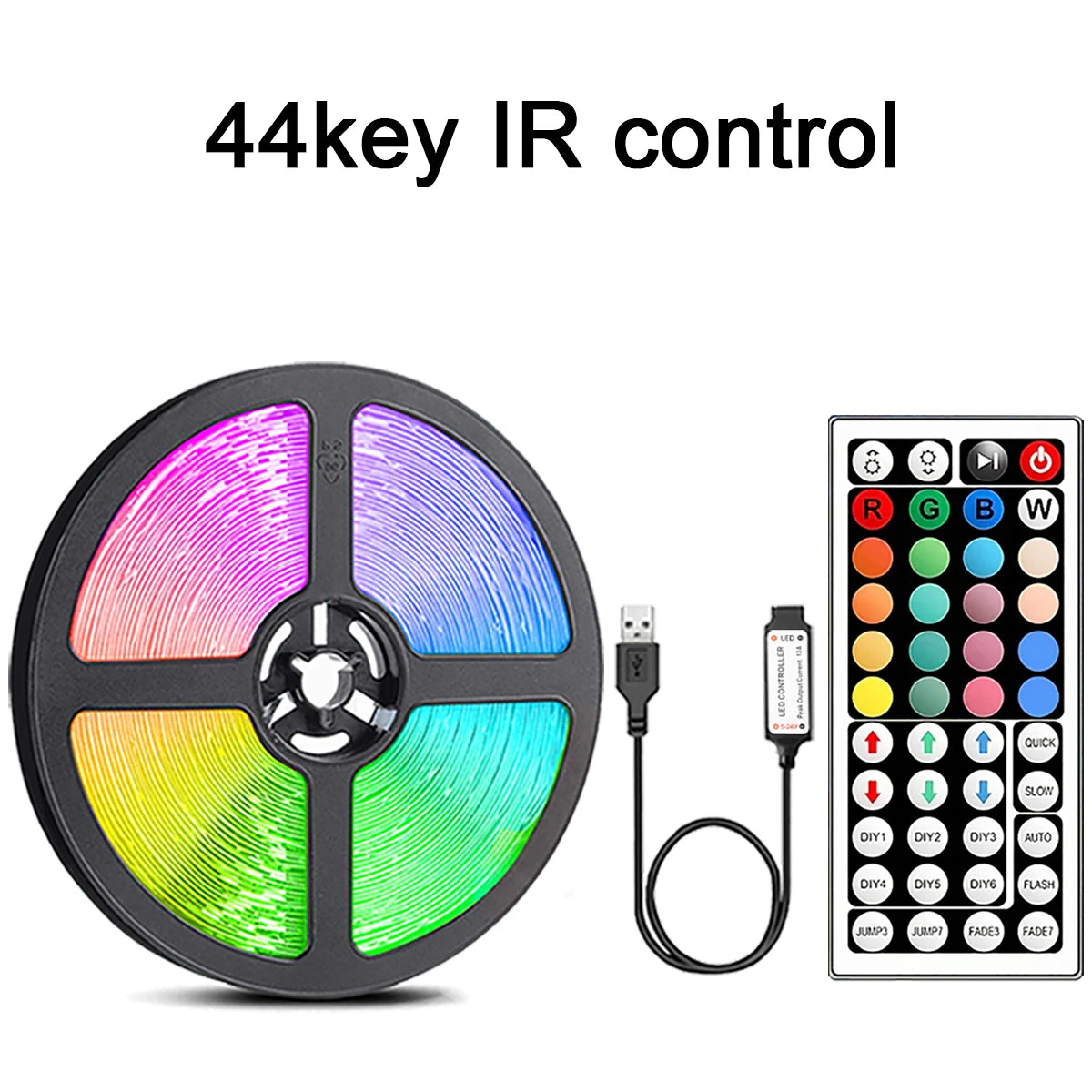 IR Remote RGB LED Strip Lights with 24-Key or 44-Key Control, 5V USB Tape Lighting in Six Length Options for Bedroom Decor and TV Backlighting