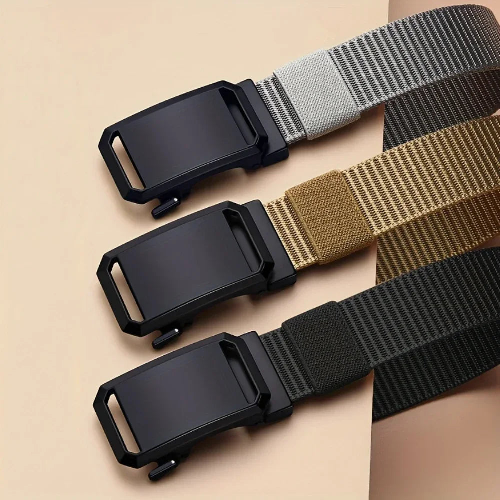 Men's Canvas Belt with Automatic Buckle, 120cm Tactical-Style Pants Belt in Gray, Black, Light Brown or Green for Casual Outfits and Everyday Workwear