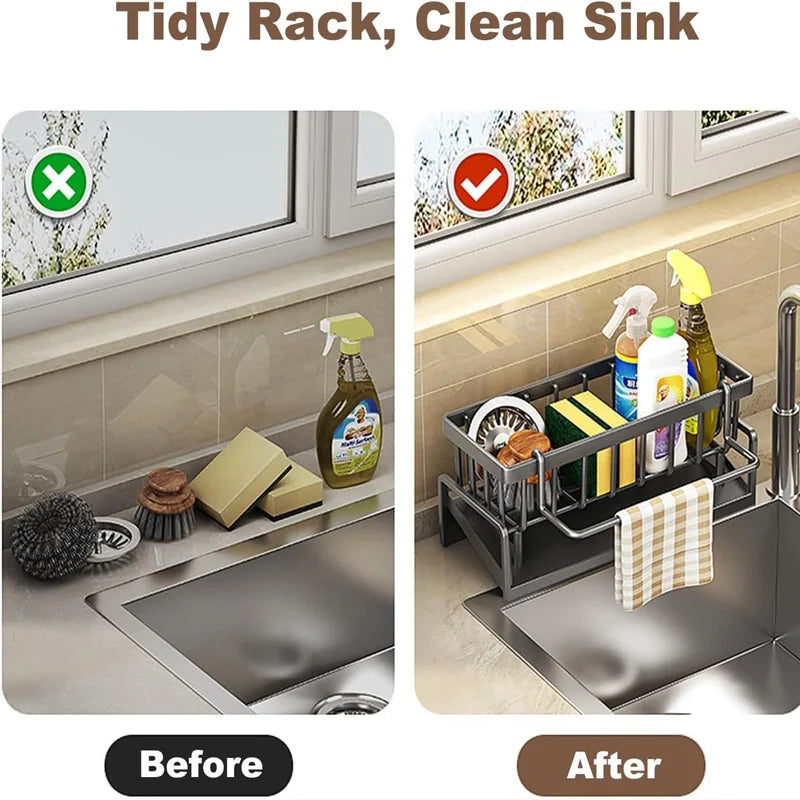 Kitchen Sink Organizer in Carbon Steel with Tilted Water Tray, Listed 23 x 9 x 10 cm Sponge and Brush Storage Rack for Sink-Side Kitchen Organization
