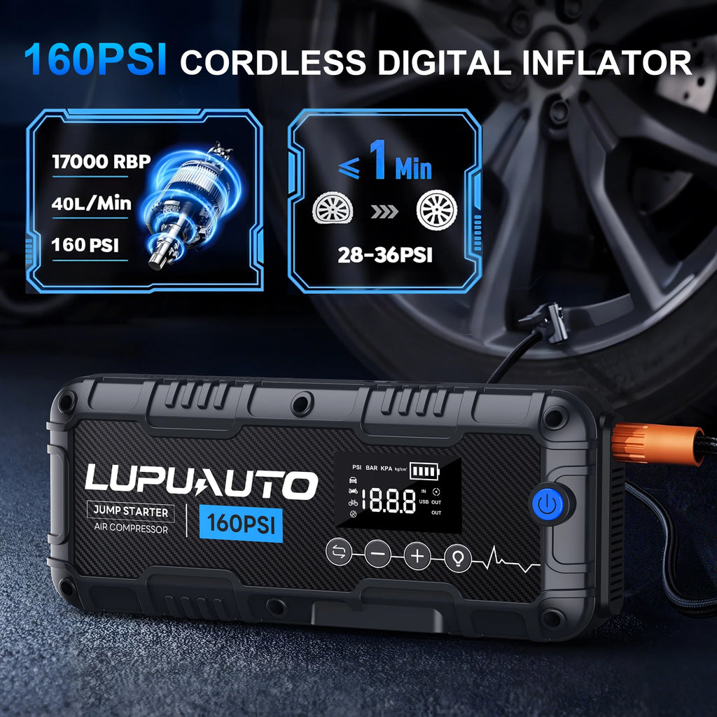 Car Jump Starter with Air Compressor and LED Light, 4000A Labeled Four-in-One Portable Unit with Power Bank Function and Listed 160 PSI Maximum Pressure