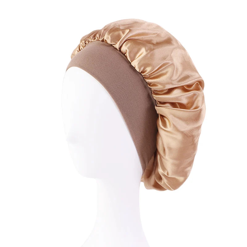 Wide Band Satin Sleep Bonnet with Listed Elastic Hair Wrap Design, Polyester Material Reference and Twenty-Eight Color Labels for Adult Nighttime Hair Styling