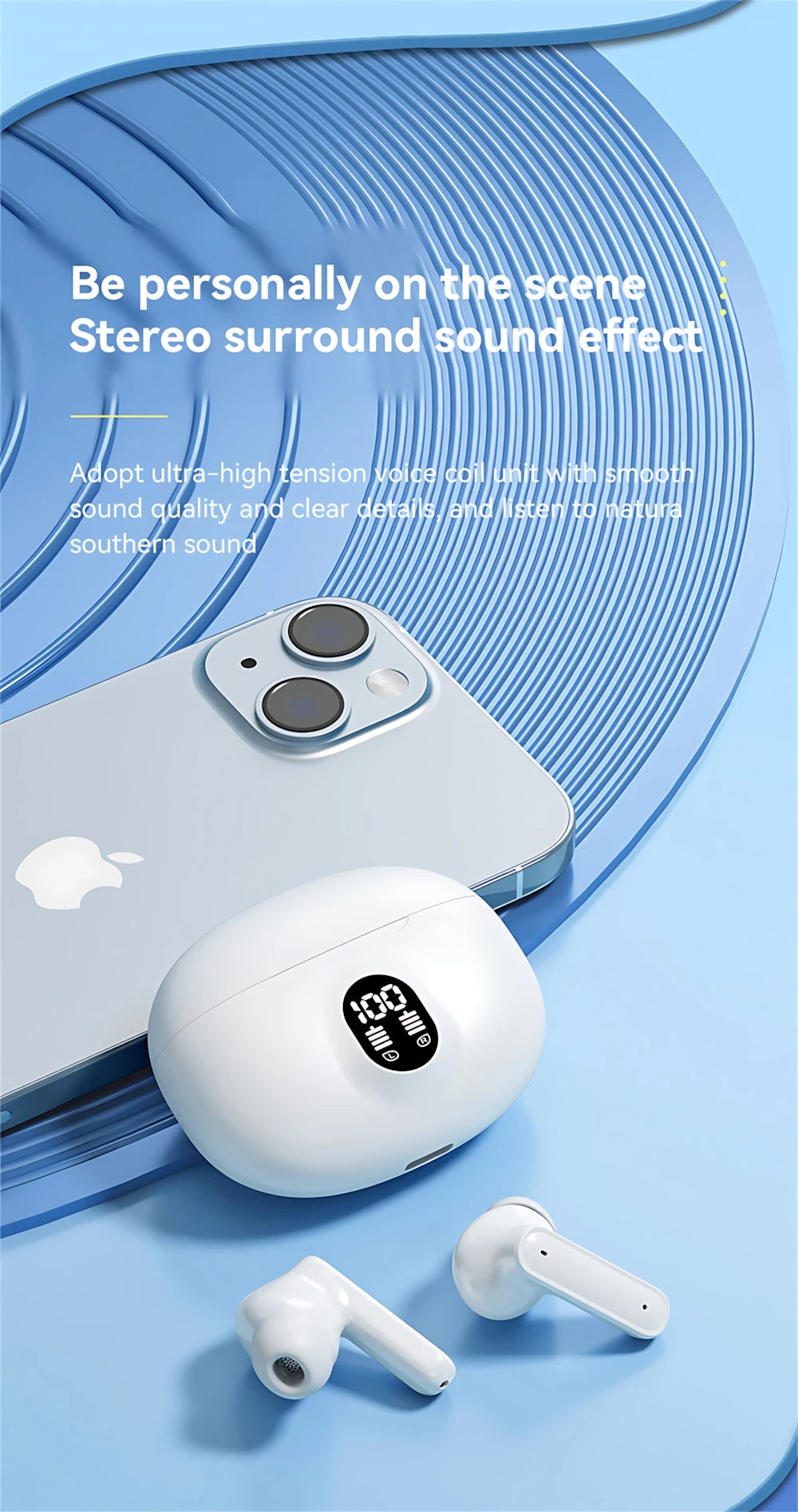 Mini Slim Bluetooth Earbuds with LED Battery Display Charging Case, TWS In-Ear Stereo Earphones with Microphone in Skin, Black or White for Music and Calls