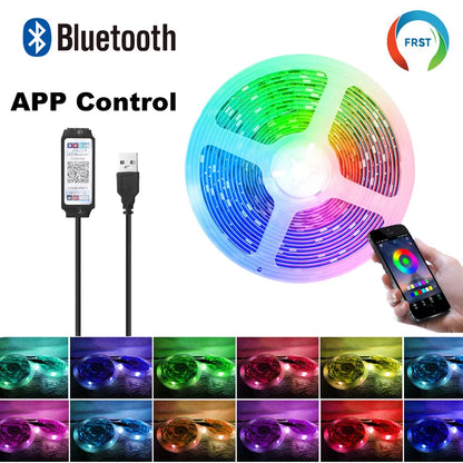 SMD 5050 RGB Bluetooth Light Strip with 5V USB Power, App-Only or 24-Key and 44-Key Remote Options in Six Lengths for Dry Indoor TV and Room Accent Decor