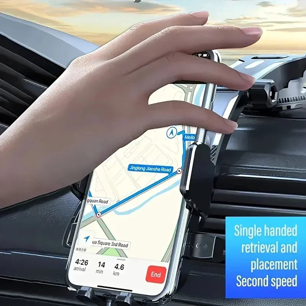 Car Phone Holder with Gravity Clamping Arms, Extension Rod and Suction Cup Base, Rotating Dashboard or Windshield Mount in Mirrored or Textured Options