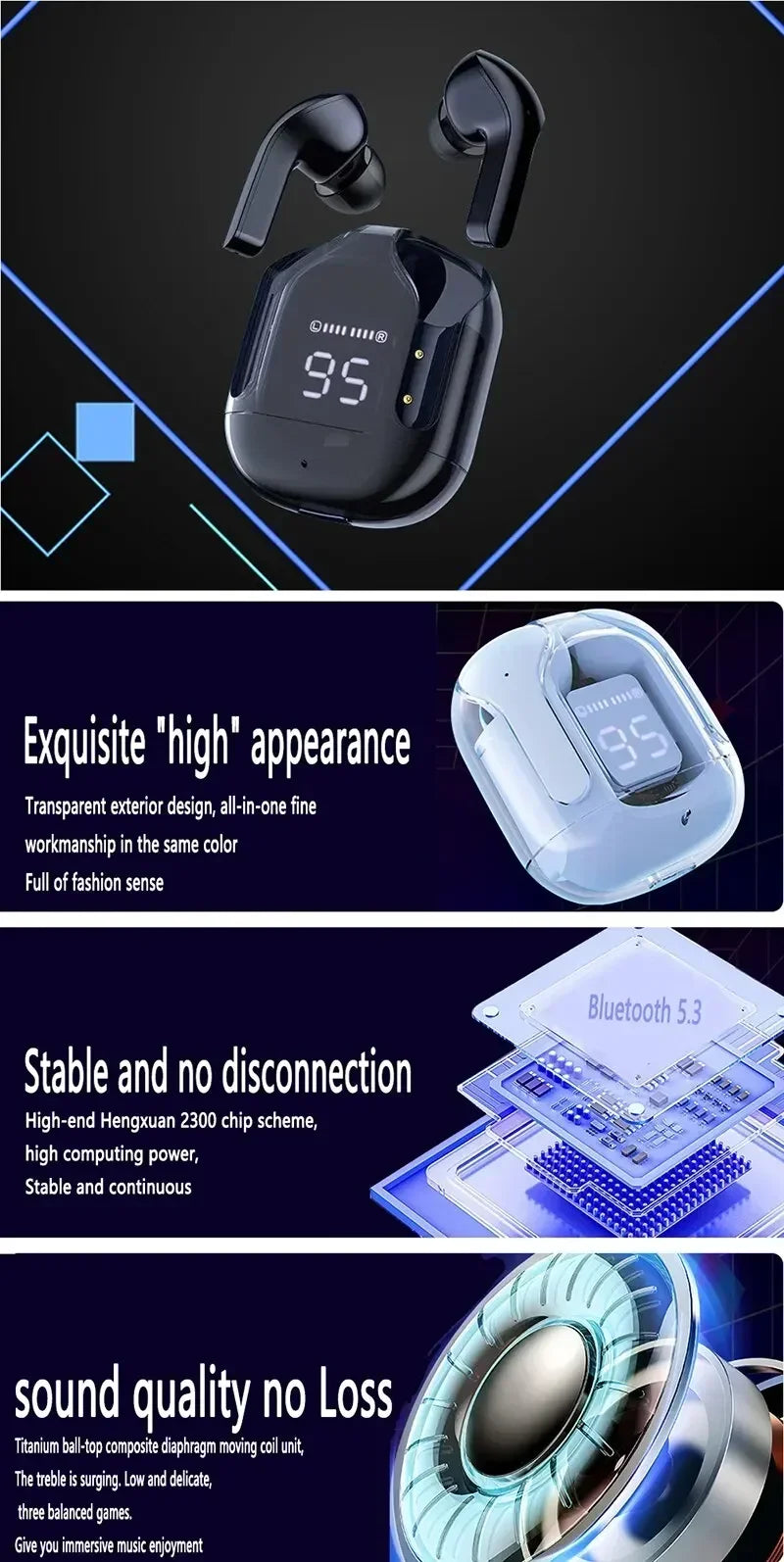 T2 Wireless Bluetooth Earphones with LED Power Display and Built-In Microphone, Transparent-Style In-Ear Audio Design in Five Colors for Music and Calls