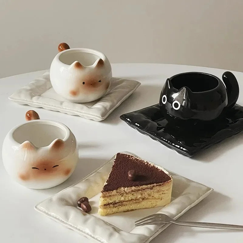 Cat Shaped Ceramic Mug with Listed 210ml Capacity, Underglaze Cartoon Siamese and Black Kitten Options for Coffee, Breakfast Milk and Cat Lover Gifts