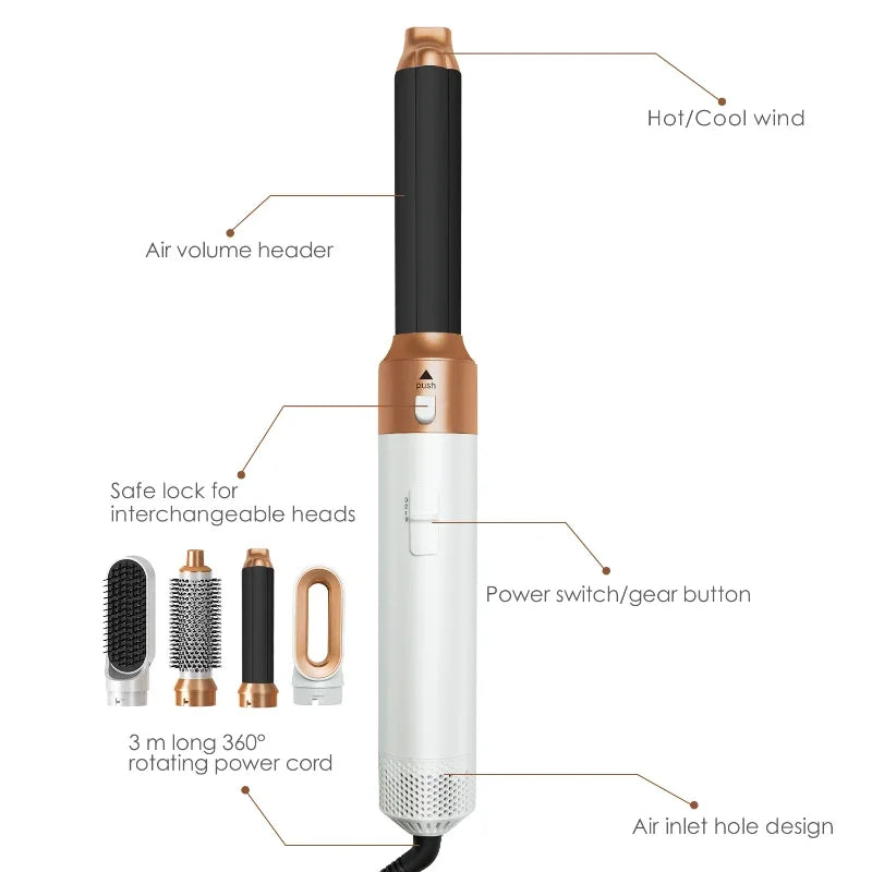 Interchangeable Hair Dryer Brush Set, 5-in-1 1000W Hot Air Styler with Curling Attachments, Smoothing Comb and Nozzle, Three Heat Settings and US Plug Option