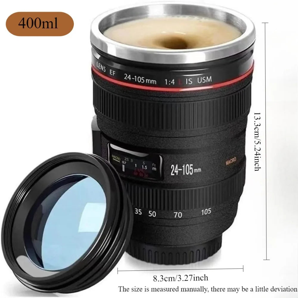Camera Lens Coffee Mug, Photography-Themed Reusable Novelty Cup in Black 400ml or White 450ml Labeled Options for Home Desks and Photographer Gift Ideas