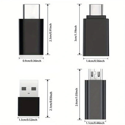 USB-C Adapter Assortment in Black with USB and Micro USB Connector References, Portable Connection Accessories for Compatible Laptop, Car and Travel Setups
