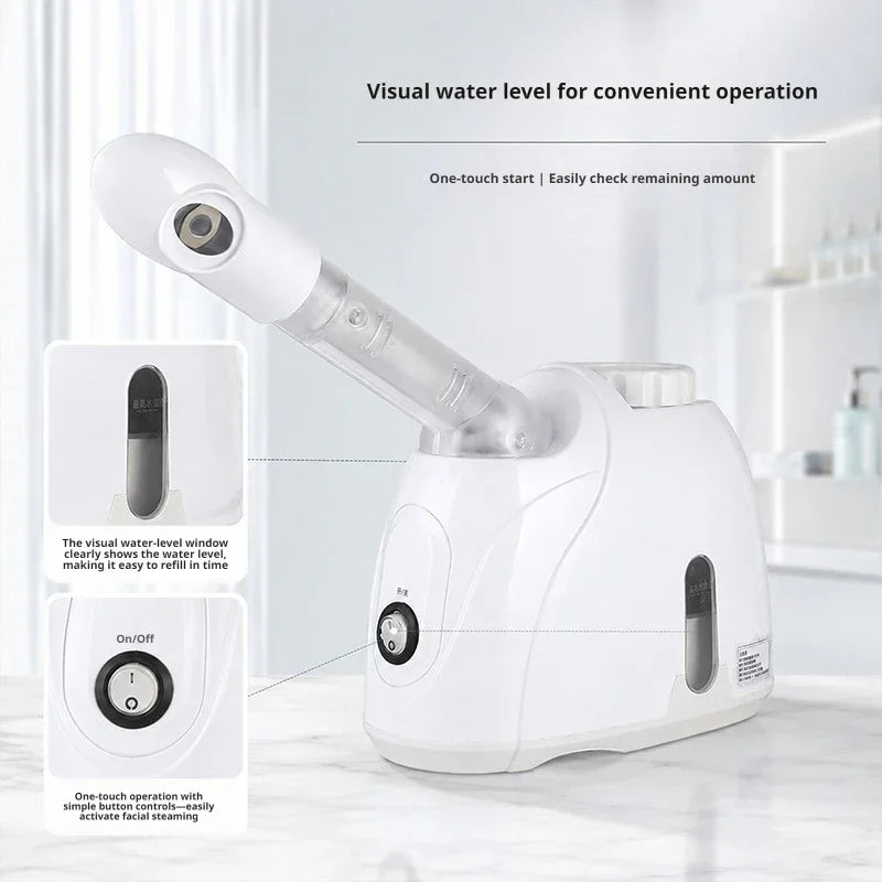 Rotating-Outlet Facial Steamer in White, 100ml Hot Steam Device with Extended Arm and Aroma Compartment for Home Beauty Routines, US or EU Options