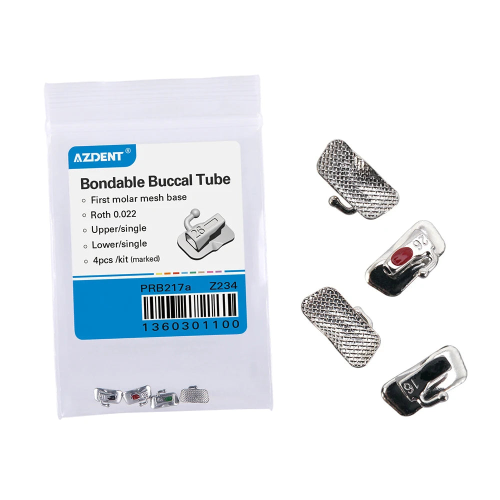 Mesh-Base Orthodontic Buccal Tubes by AZDENT, 20 Pieces in Five Kits, Bondable Non-Convertible Single Molar Tubes with Roth, MBT or Edgewise Option Labels
