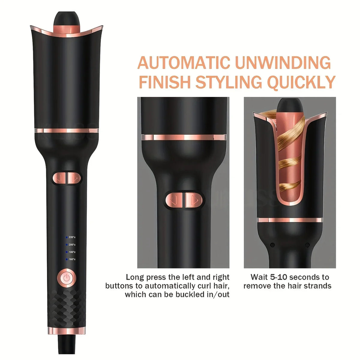 Auto-Rotating Ceramic Curling Iron by TINSOL, 34W Plug-In Hair Styler with Three Heat Settings, Tourmaline Ceramic Heating Surface and 2-Meter Cord