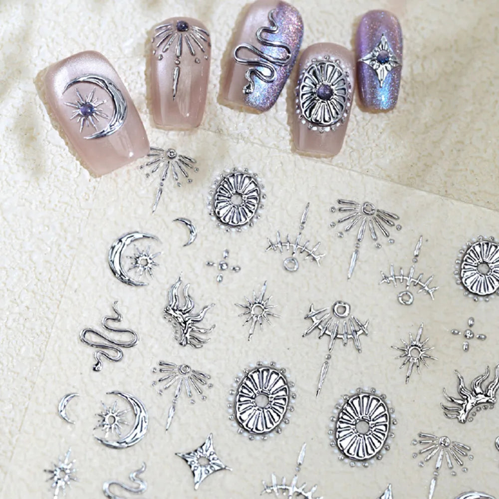 Snake and Moon Nail Art Stickers, Gold and Silver 5D Self-Adhesive Star Decals with Bronzing-Style Details for DIY Manicures and Nail Decoration