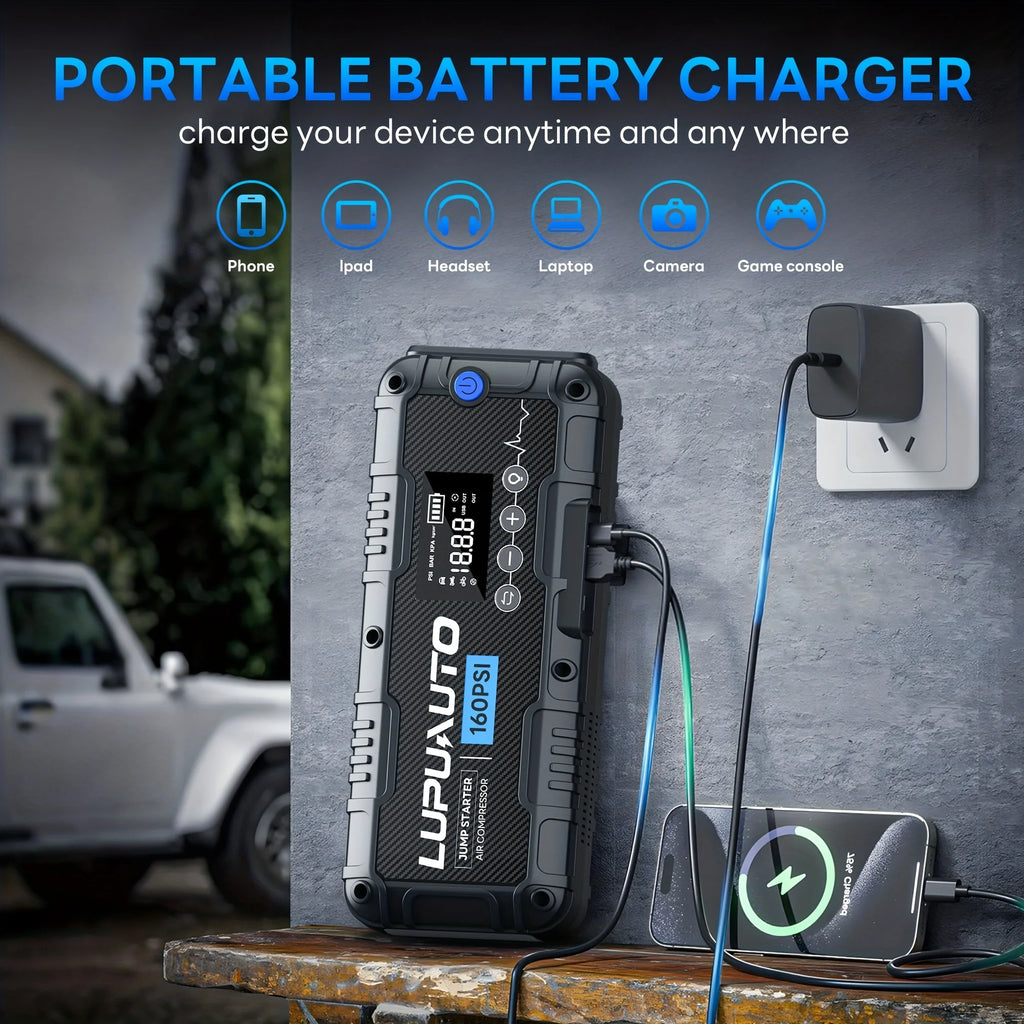 Car Jump Starter with Air Compressor and LED Light, 4000A Labeled Four-in-One Portable Unit with Power Bank Function and Listed 160 PSI Maximum Pressure