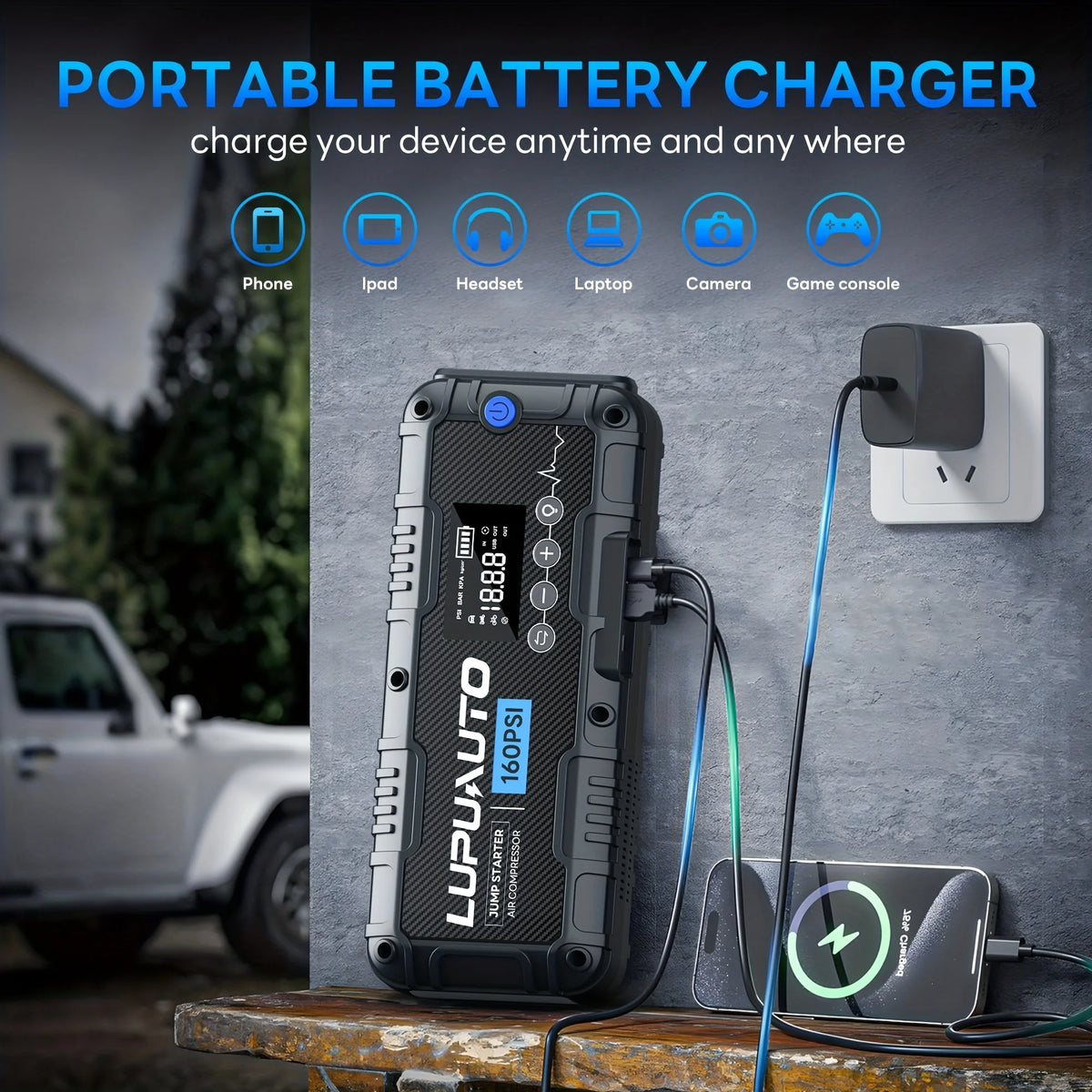 Car Jump Starter with Air Compressor and LED Light, 4000A Labeled Four-in-One Portable Unit with Power Bank Function and Listed 160 PSI Maximum Pressure