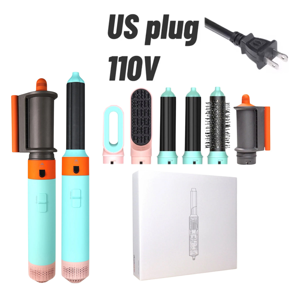 Hot Air Hair Styler, Six-in-One Packages with Curling Barrel and Brush References, US 110-120V or EU 220-240V Versions with Box or Case Options