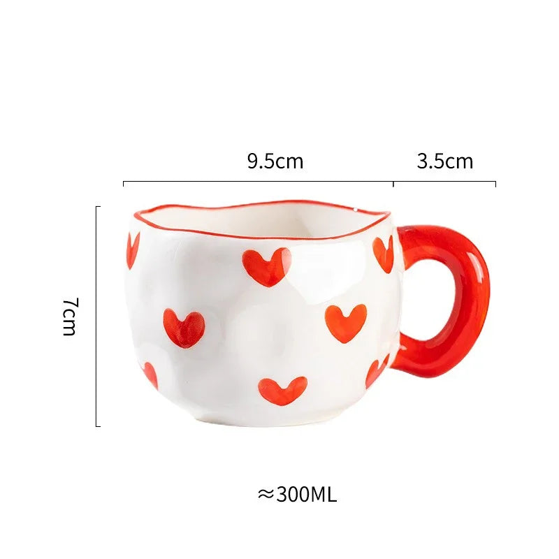 Hand-Painted Ceramic Mug with Irregular Korean-Style Shape and Floral, Heart or Playful Pattern Options for Breakfast Coffee and Afternoon Tea, Cup Only
