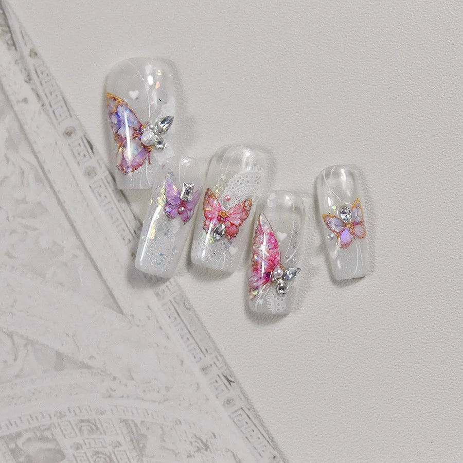 Butterfly 5D Nail Art Stickers, Kawaii Japanese-Inspired Glitter Shell Aurora Style Manicure Decals in Four Design Options for DIY Nail Decoration