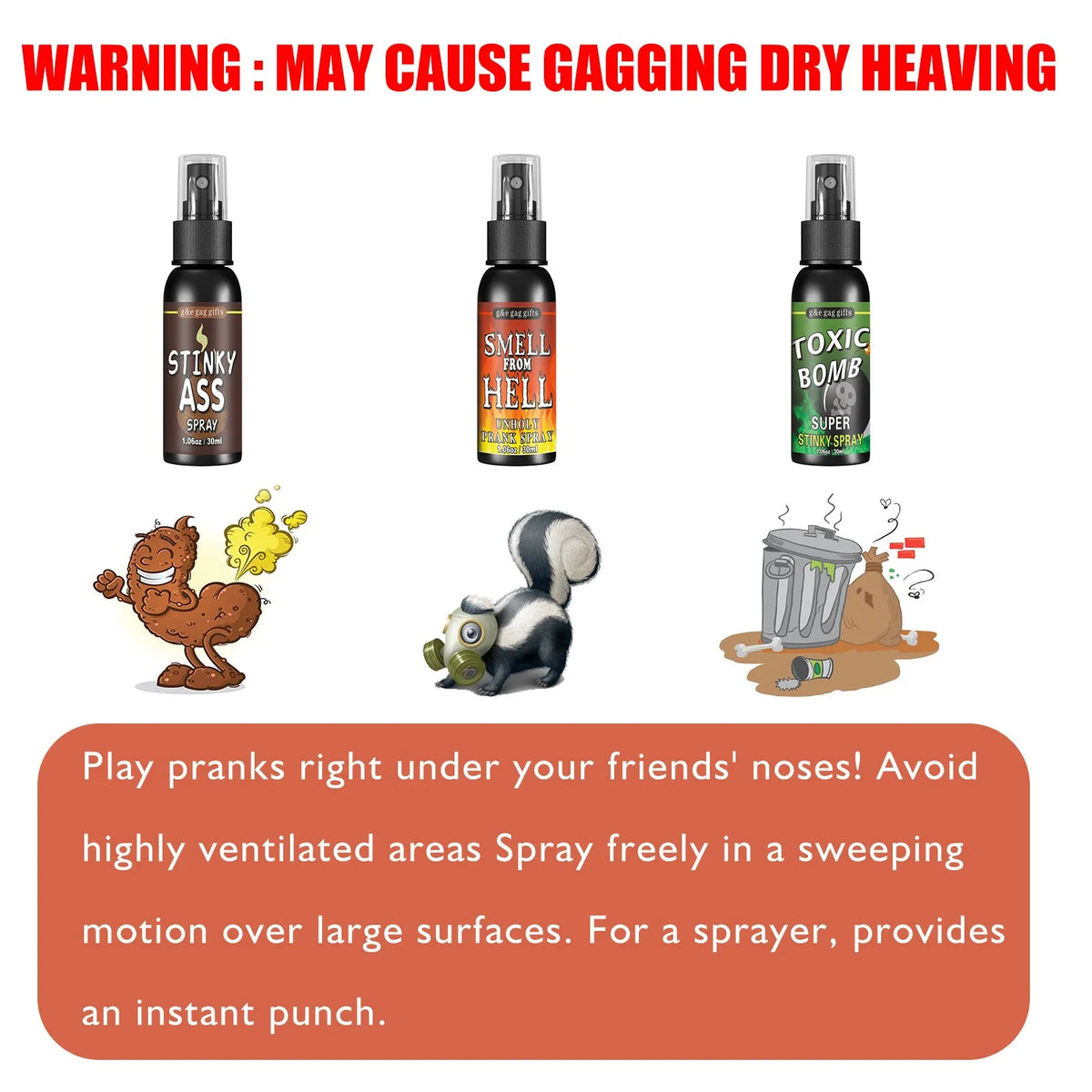 Fart Spray Novelty Liquid with Listed 30ml Pump-Action Bottle, Gag Gift Selection in A, B and C Single-Piece Labels or D Three-Piece Option