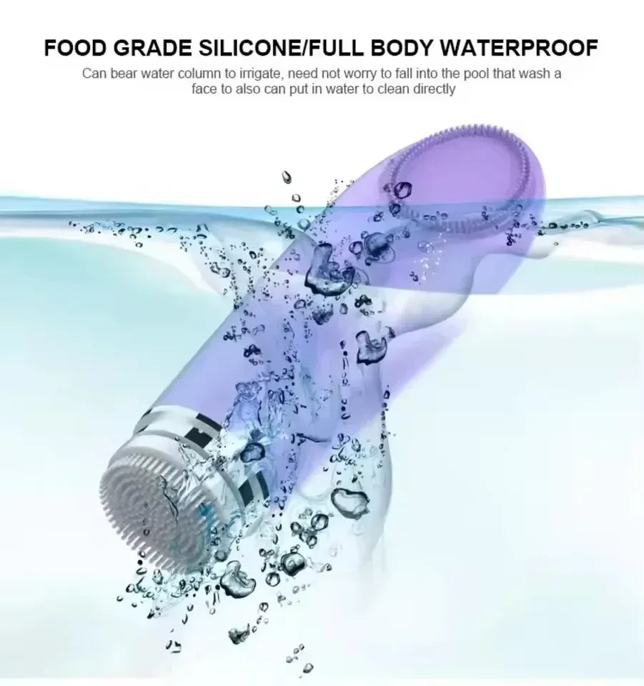 Heated Facial Cleansing Brush with USB Charging and Three Mode References, Silicone, Bristle and Rolling Head Descriptions with Three Single-Piece Option Labels