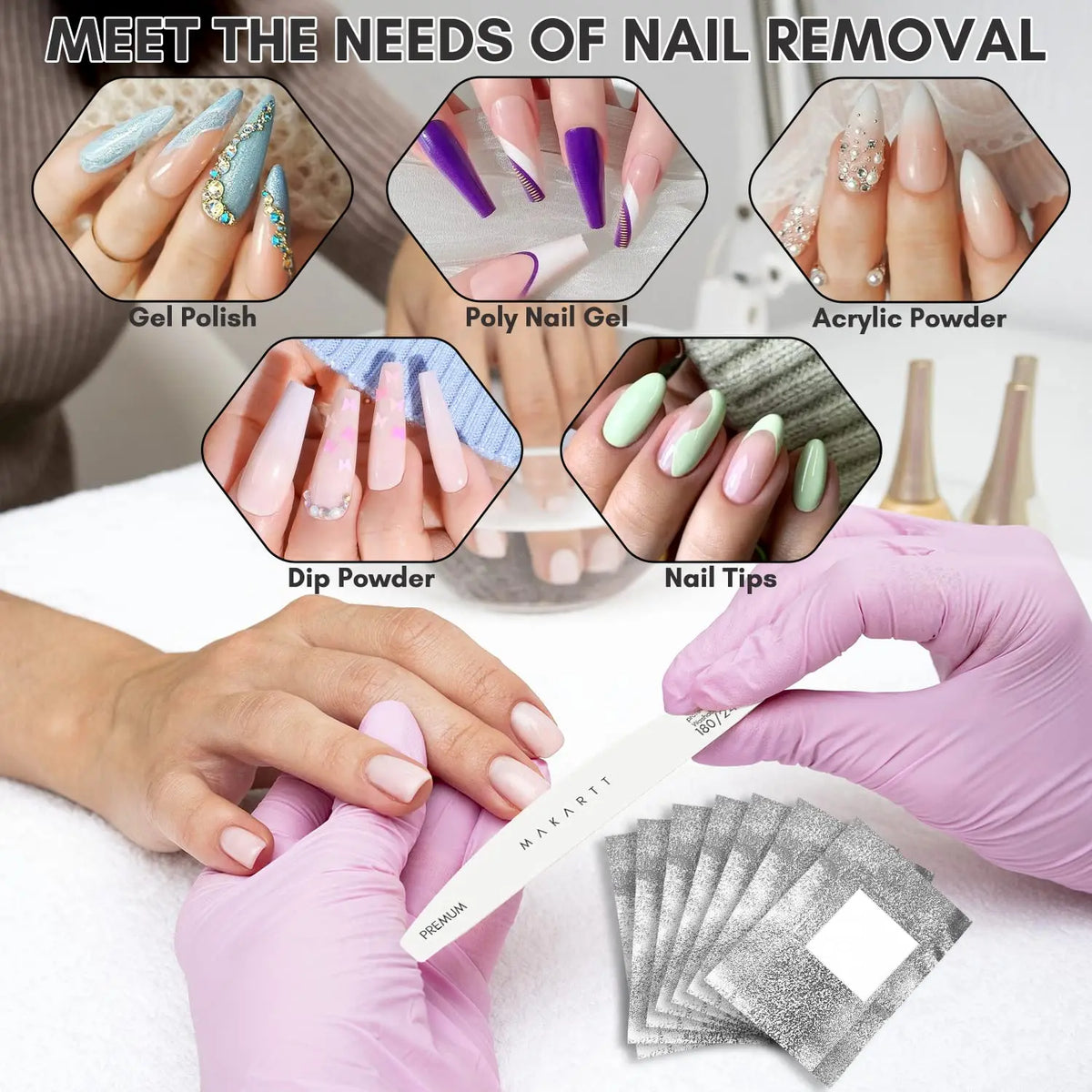 Nail Foil Wraps with Attached Cotton Pads by Makartt, 100-Piece Soak-Off Removal Supplies for Compatible Gel Polish and Nail Coatings, Acetone Not Included