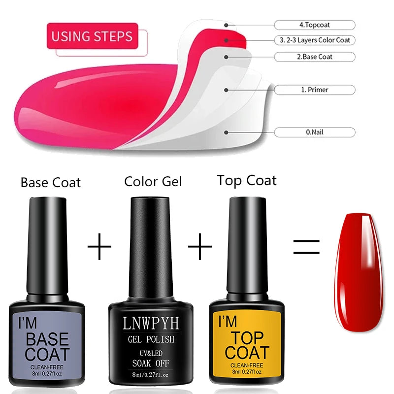 Soak-Off Gel Varnish Kit by LNWPYH with 10 Listed Polish Colors, One Base Coat, One Top Coat and UV LED Sensor Lamp for Adult Home Manicure Designs
