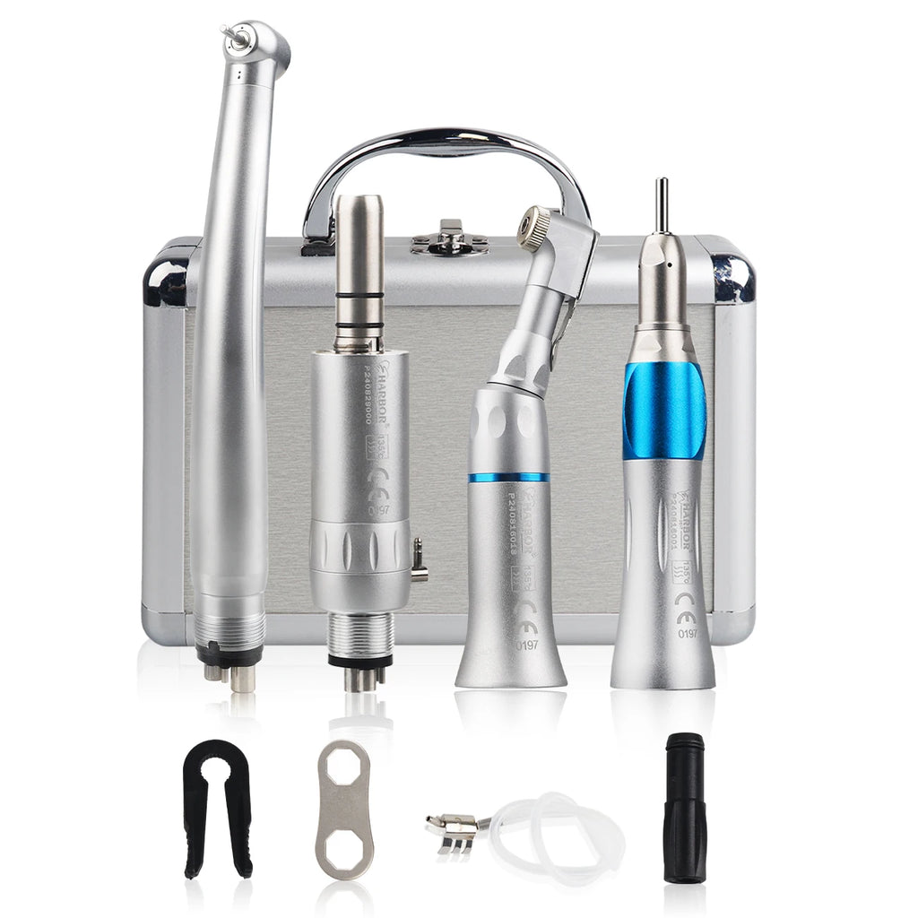 Dental Handpiece Set, 4-Piece High and Low Speed Air Turbine Kit with Straight Handpiece, Contra Angle and Air Motor, 2 or 4 Hole Options