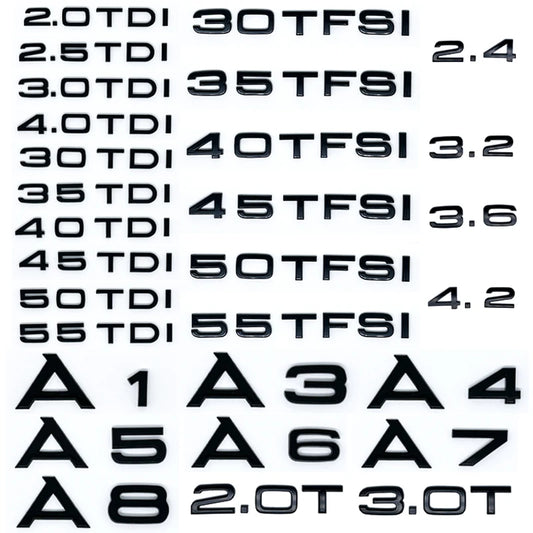 Car Trunk Badge Sticker in Glossy Black or Silver, 3D ABS Decorative Lettering with A-Series, TDI, TFSI and Numeric Engine-Designation Style Choices