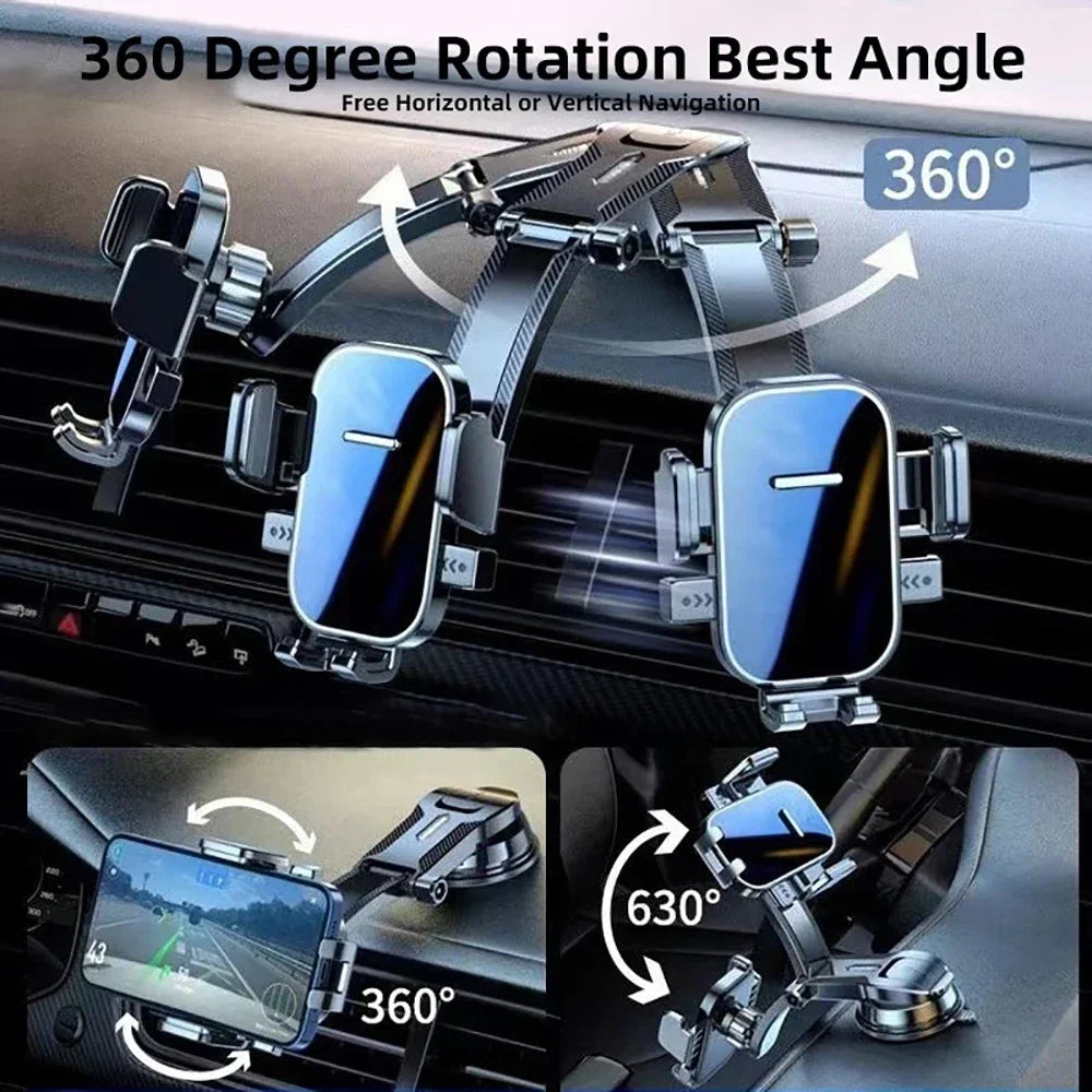 Car Phone Holder with Gravity Clamping Arms, Extension Rod and Suction Cup Base, Rotating Dashboard or Windshield Mount in Mirrored or Textured Options