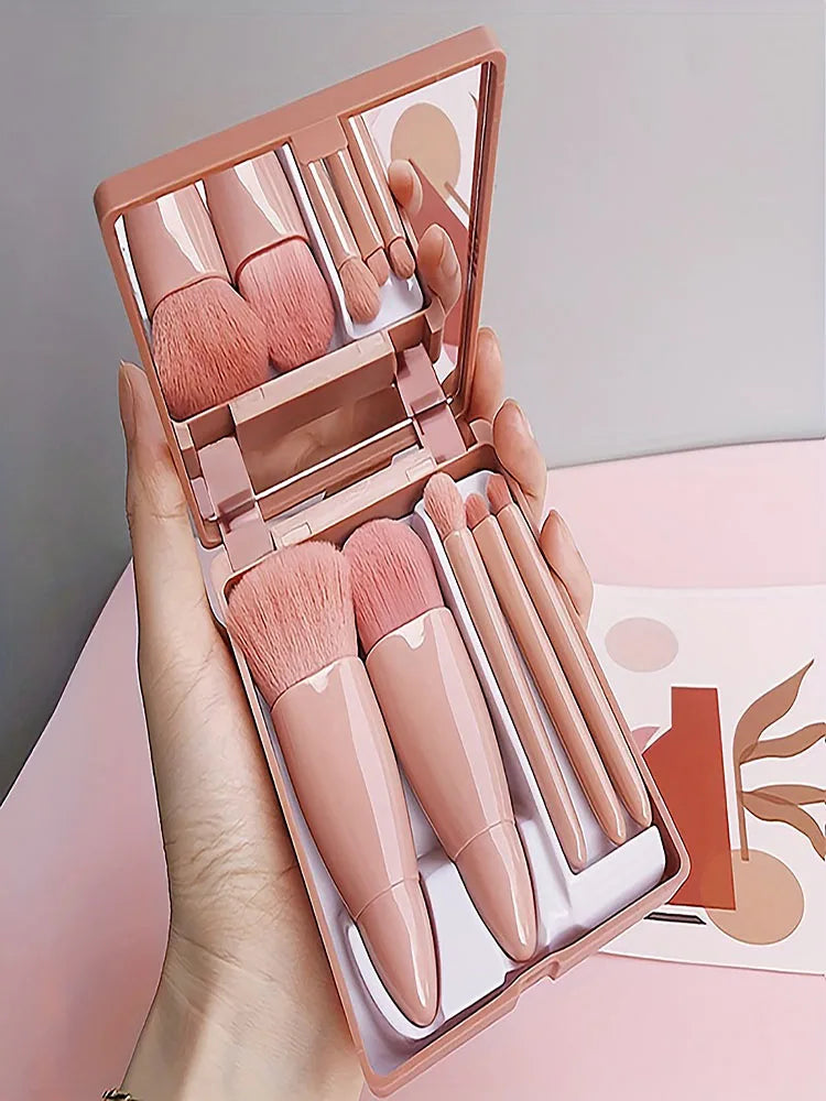 Mini Makeup Brush Set with Mirror and Foldable Travel Design, Listed Five-Piece Beauty Kit in Coffee Pink, Pink or Green for Everyday Touch-Ups