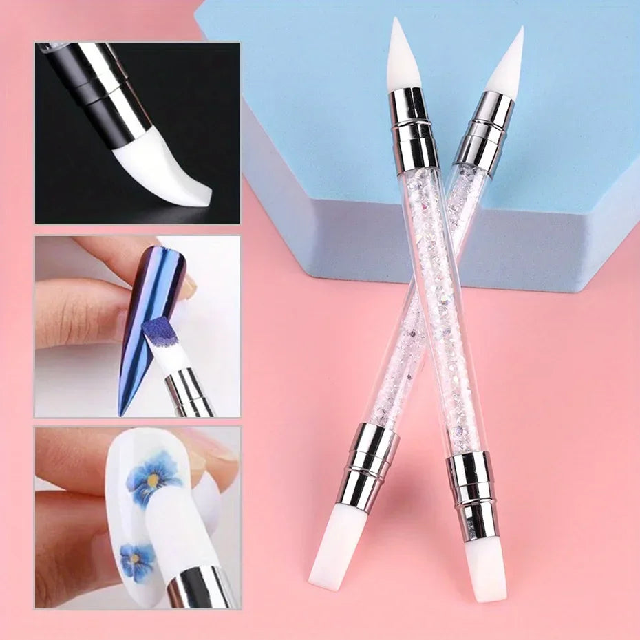 Double-Head Silicone Nail Art Pen Set of 2 by Beechip, White Carving and Dotting Tools for Flower Sculpting, Embossing and DIY Manicure Designs