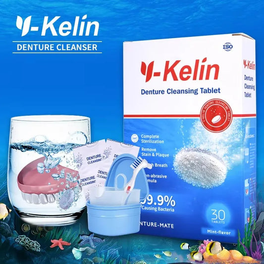 Denture Cleaning Tablets by Y-Kelin, 30, 60 or 90 Tablet Options for Full and Partial Denture Soaking and Compatible Removable Retainer Care