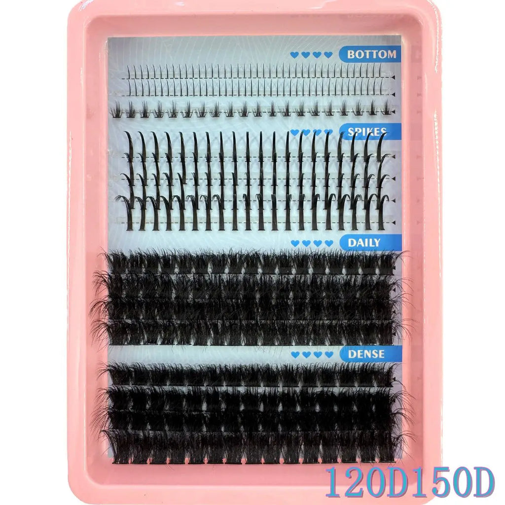 Spiky Manga Lash Clusters with Bottom Lash References, Individual False Eyelashes in 15-Row and 16-Row Style Selections with D or dd Curl and MIX Length Labels