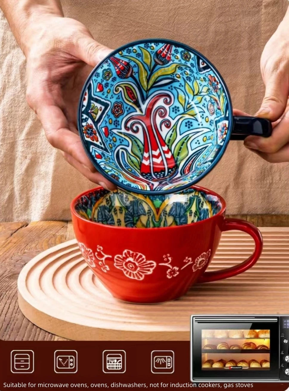 Bohemian Ceramic Coffee Mug with Hand-Painted Style Reference, Dark Red, Green, Blue and Yellow Cup Options Plus Coded Selection for Tea Breaks and Kitchen Gifts