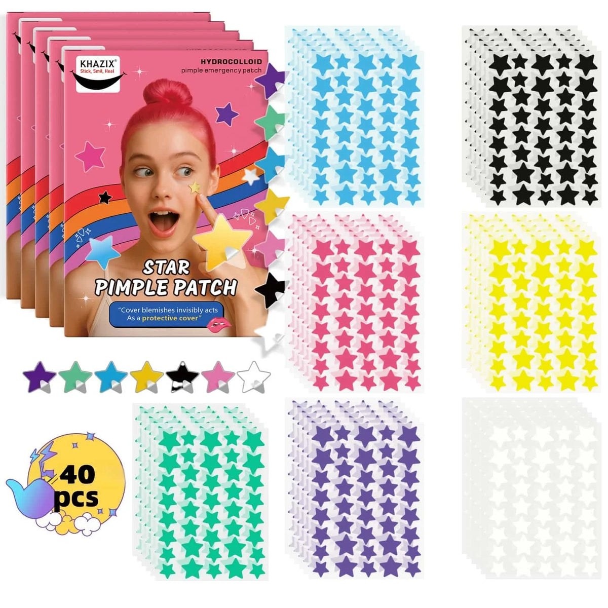 Ultra-Thin Star Pimple Patches for Facial Blemish Cover Styling, Listed 40-Piece Format with Seven Coded Options for Personal Skincare Routines