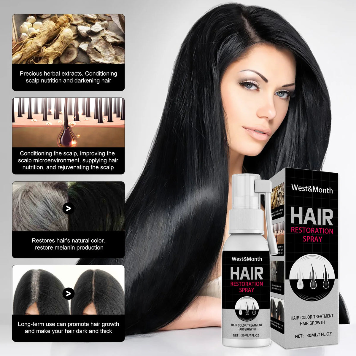 Gray Hair Coverage Spray with Black Color and Serum References, Single or Promotional Purchase Labels for Cosmetic Gray and White Hair Appearance Care