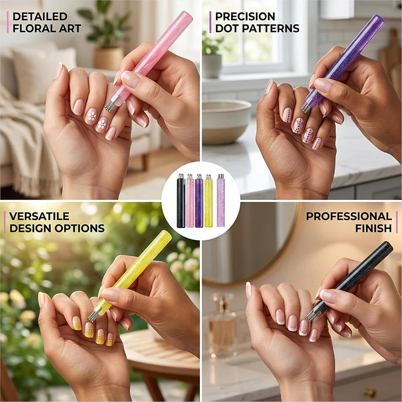 Five-Petal Nail Dotting Tool, 1.8mm Metal Fine Tip with Glitter Handle for Daisy Flower Nail Designs, Dot Patterns and Rhinestone Placement in Four Color Options
