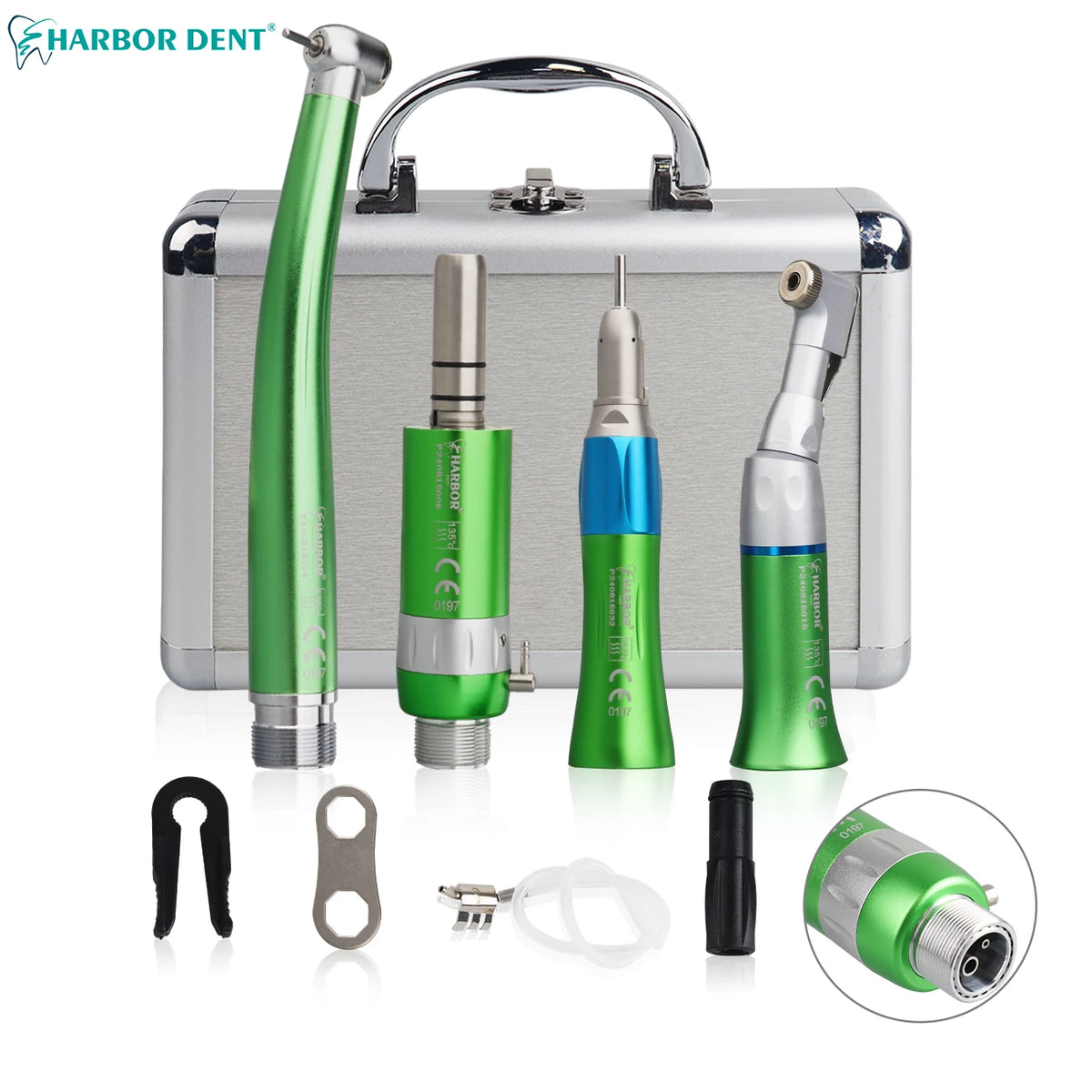 Dental Handpiece Set, 4-Piece High and Low Speed Air Turbine Kit with Straight Handpiece, Contra Angle and Air Motor, 2 or 4 Hole Options