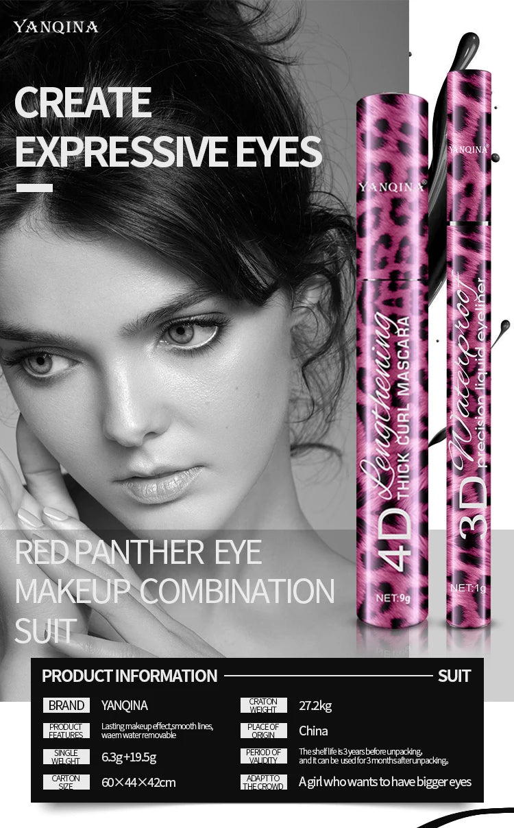 Eyeliner and Mascara Set by YANQINA with Eyebrow Pencil, Liquid Eye Liner and Volumizing Curl-Look Mascara for Everyday and Evening Makeup