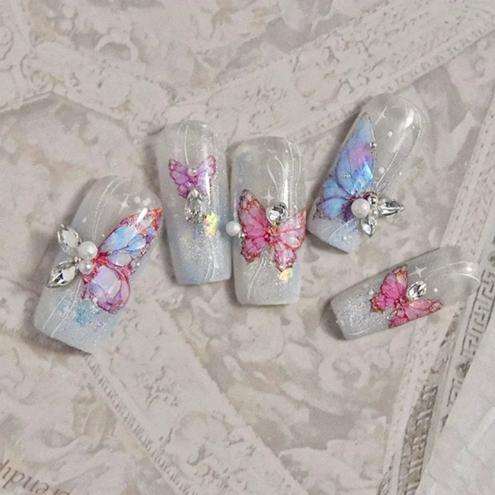 Butterfly 5D Nail Art Stickers, Kawaii Japanese-Inspired Glitter Shell Aurora Style Manicure Decals in Four Design Options for DIY Nail Decoration
