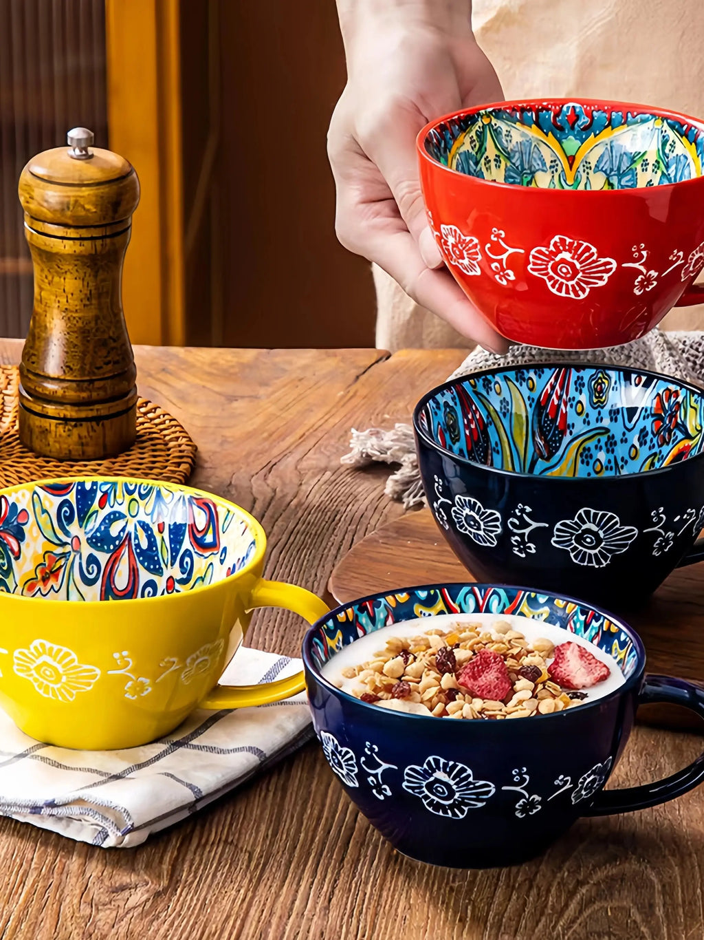 Bohemian Ceramic Coffee Mug with Hand-Painted Style Reference, Dark Red, Green, Blue and Yellow Cup Options Plus Coded Selection for Tea Breaks and Kitchen Gifts