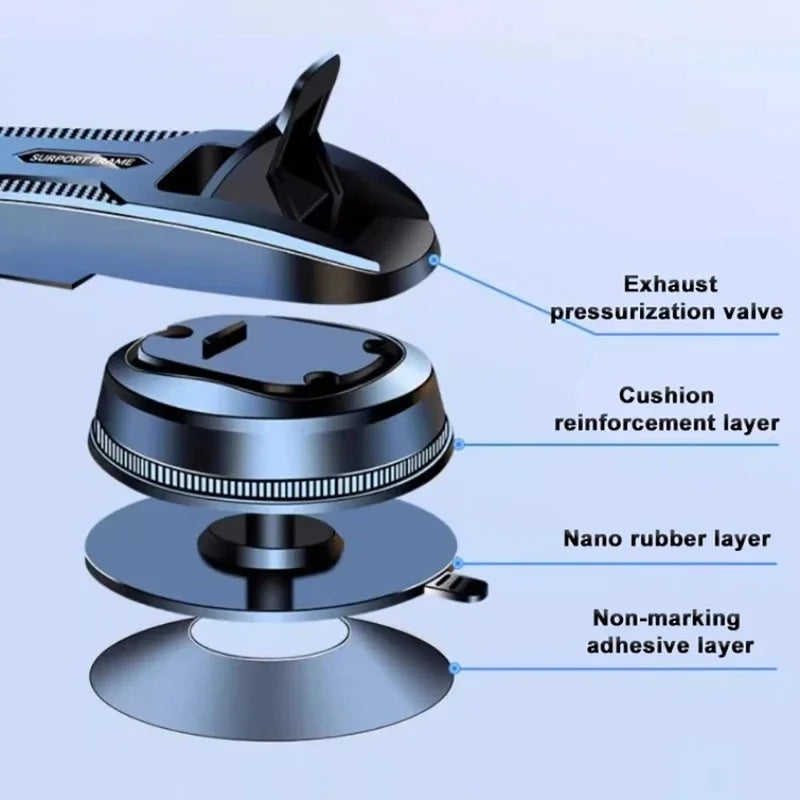 Car Phone Holder with Gravity Clamping Arms, Extension Rod and Suction Cup Base, Rotating Dashboard or Windshield Mount in Mirrored or Textured Options