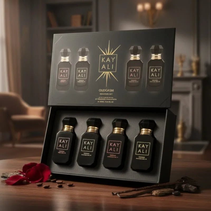 Four Scent Perfume Set with 4 x 10ml Bottles, Unisex Fragrance Assortment Options Featuring Listed Vanilla, Oud, Floral and Fruity Profiles for Everyday Wear and Gifts