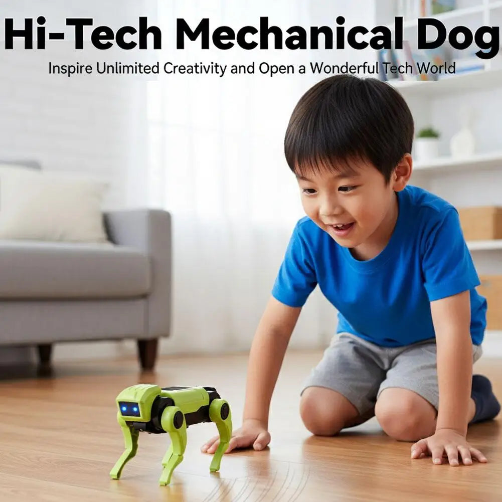DIY Robot Dog Toy with Walking Movement and Blue LED Eyes, Battery-Powered Mechanical Puppy with Assemble-Yourself Legs in White or Green for Hands-On Play