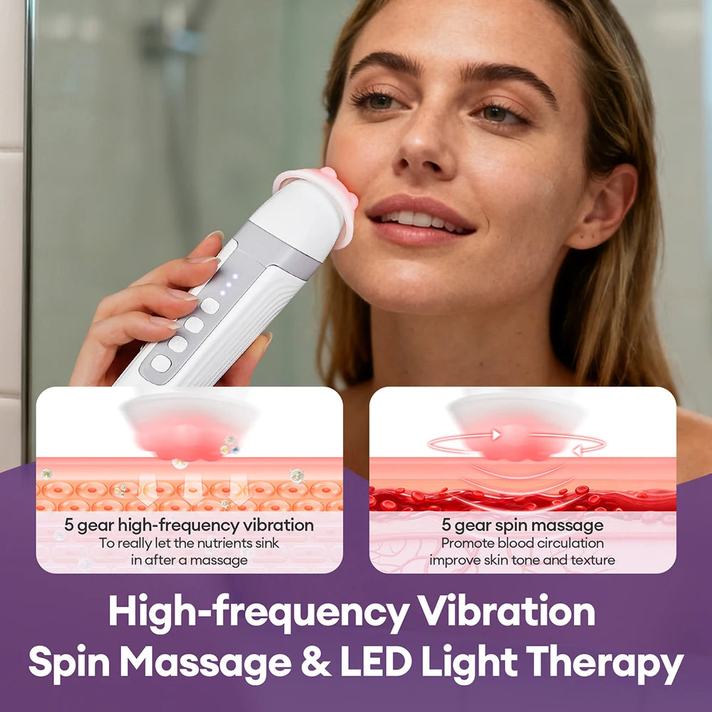 Four-Head Bubble Facial Pen in White with Silicone Massage Tips, Five Vibration and Spin Levels, Eight LED Modes and Type-C Rechargeable Design