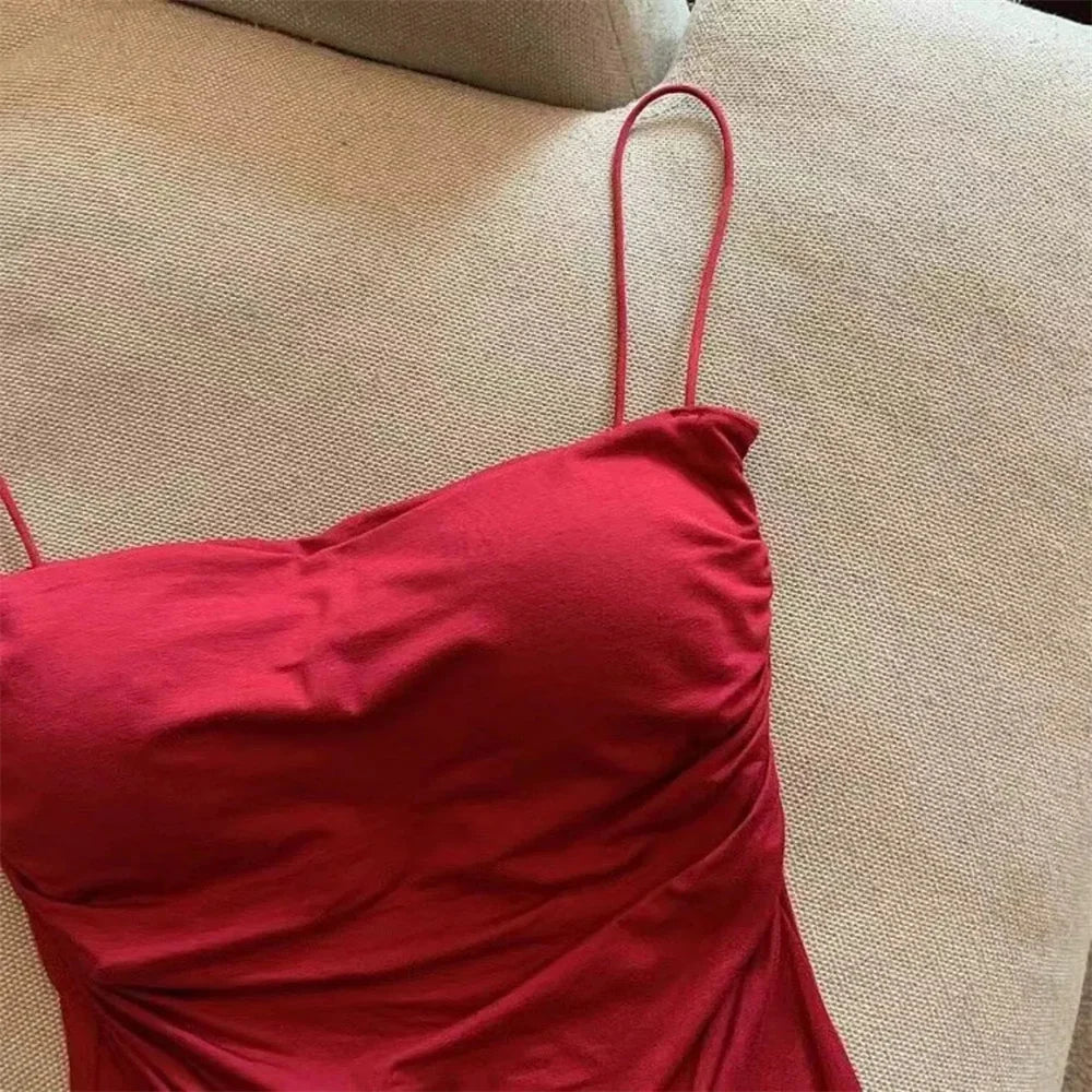 Women's Fixed Pad Crop Top with Thin Straps, Sleeveless Polyester Casual Tank in Red, Black, White or Grey, One Size for Layering and Going-Out Outfits