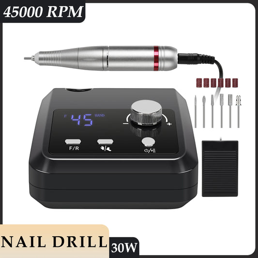 LCD Nail Drill Machine with 45,000 RPM Adjustable Speed and 30W Power, Forward Reverse Rotation and Foot Pedal for Acrylic and Gel Manicure Filing