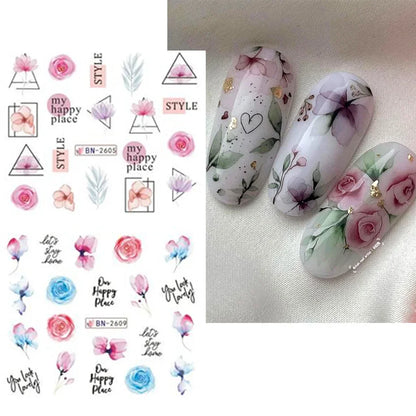 Water Transfer Nail Decals, BN2605-2616 Nail Art Slider Stickers for DIY Manicure Decoration, At-Home Styling and Seasonal Nail Design Ideas