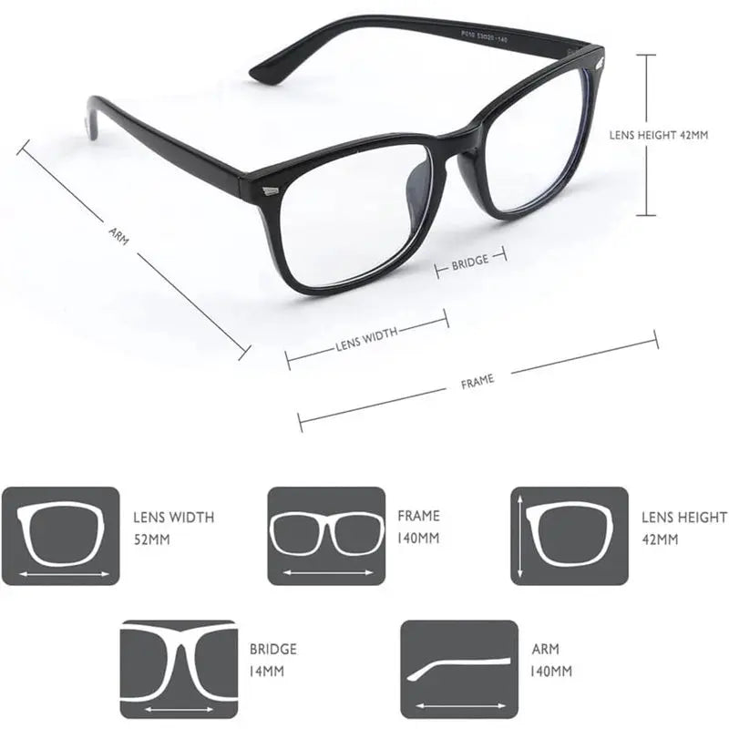 Square Frame Computer Glasses for Women and Men with Transparent or Black Frame Options and Listed Blue Light Filter Reference for Everyday Desk Outfits